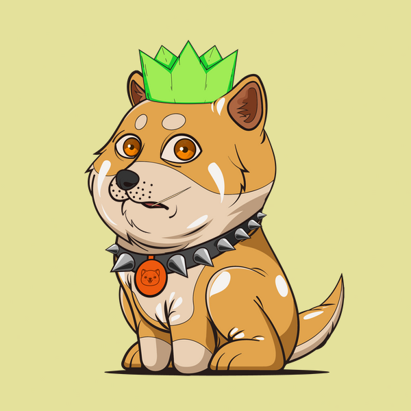 A baby doge NFT with yellow background and baby fur wears punk clothing and a green party hat headwear. Its cool mouth and mildogeholder eyes make it stand out. It loves to party and dance all night long.