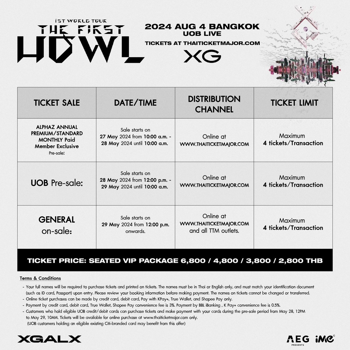 📢 ช่องทางการจำหน่าย และรายละเอียดของงาน XG 1st WORLD TOUR “The first HOWL” Landing at Bangkok 🗓 วันอาทิตย์ที่ 4 สิงหาคม 2567 ⏰ 20.00 น. 📍ยูโอบี ไลฟ์, เอ็มสเฟียร์ 💰ราคาบัตร : 6800 THB (VIP) / 4800 THB / 3800 THB / 2800 THB 🏷️ bit.ly/XG1stWORLDTOUR… การจำหน่ายบัตร