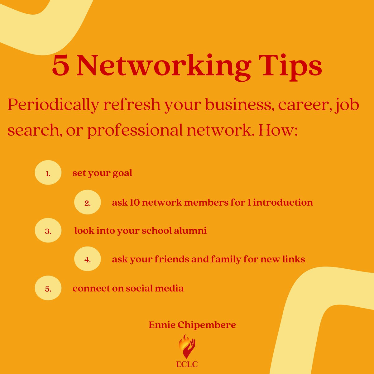 #Networking tips

Periodically refresh your business, career, #jobsearch, or professional network.
- set your goal
- ask 10 network members for 1 introduction
- look into your school alumni
- ask friends and family for new links
- connect on social media

#CoachEnnie #careercoach