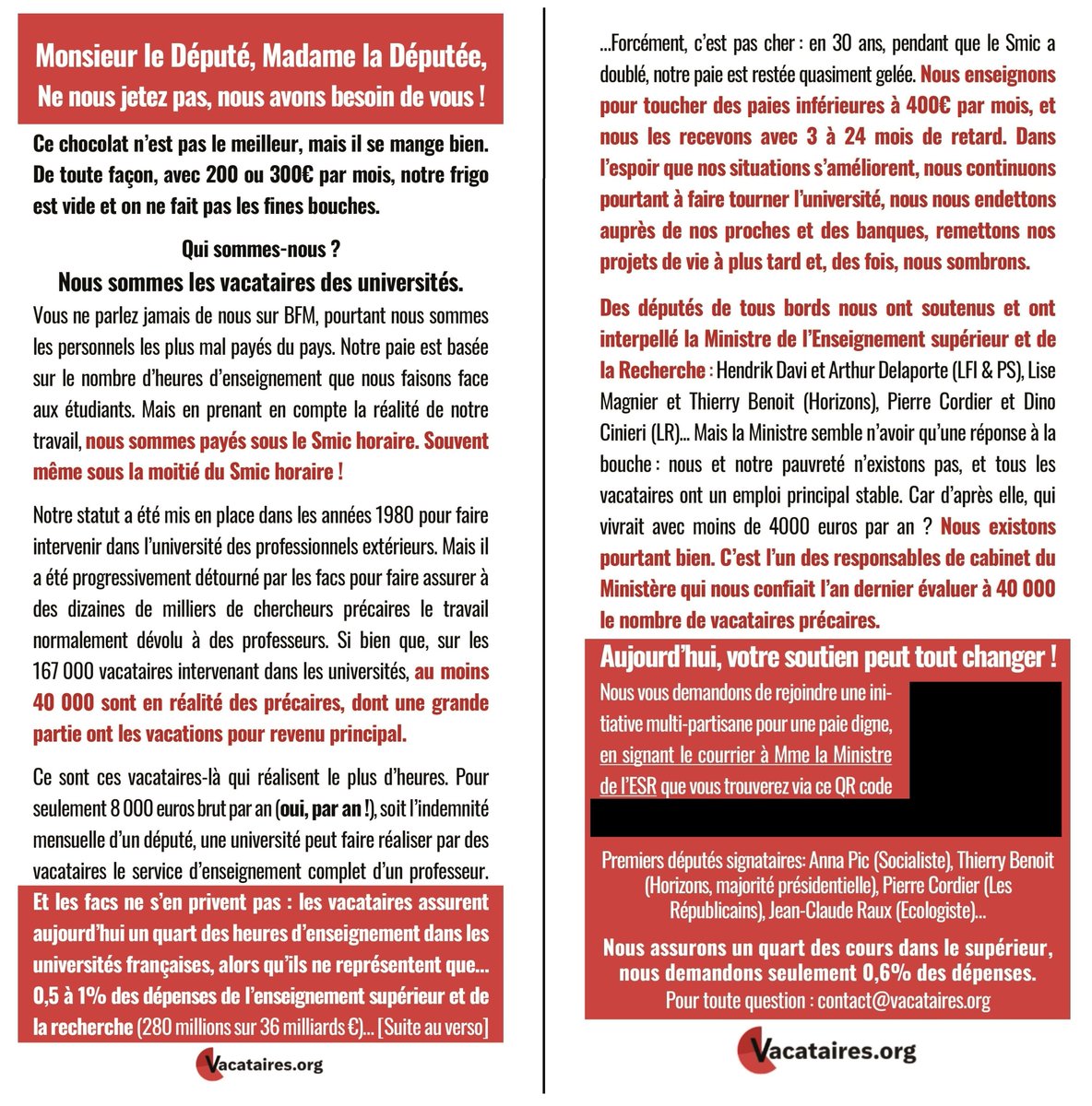 vacataires_org's tweet image. Un flyer, c’est souvent jeté tout de suite. Nous méritons mieux.

Alors hier, nous avons préparé et distribué 800 tablettes de chocolat aux députés, députées et à leurs collabs pour qu’ils et elles connaissent notre situation et rejoignent notre cause. On vous racontera😉 la...