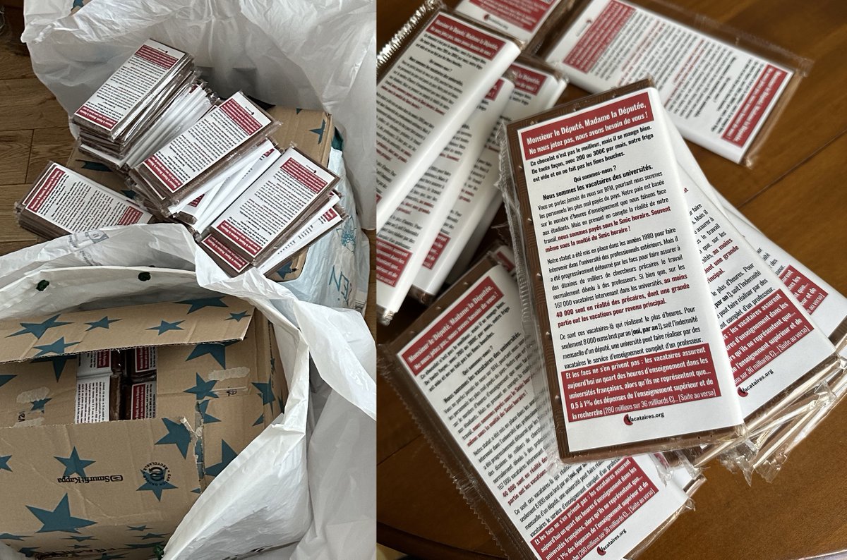 vacataires_org's tweet image. Un flyer, c’est souvent jeté tout de suite. Nous méritons mieux.

Alors hier, nous avons préparé et distribué 800 tablettes de chocolat aux députés, députées et à leurs collabs pour qu’ils et elles connaissent notre situation et rejoignent notre cause. On vous racontera😉 la...