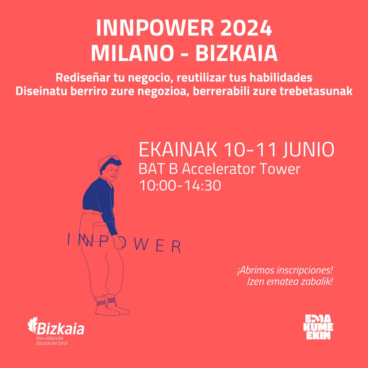 emakumeekin's tweet photo. #INNPower ⏩ Milano-Bizkaia: Rediseñar tu negocio, reutilizar tus habilidades
10 y 11 de junio en @bat_tower. Inscripciones abiertas
https://t.co/WfVnf9jowS
#Innovación #Liderazgo #Autoconocimiento #AprendizajeExperiencial #Bizkaia #Milán #ReinvenciónProfesional #EmakumeEkin https://t.co/JZz3gY1noz