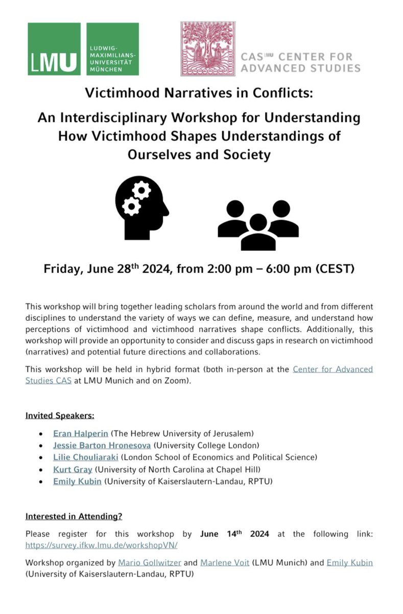 emily_kubin's tweet photo. 🚨Interested in understanding how victimhood shapes political and moral conflict? Come to our hybrid workshop where we hear from an amazing line-up of interdisciplinary scholars.

Registration and additional info at following url:

https://t.co/i1hzGbmWhE https://t.co/HB0kr58eyA