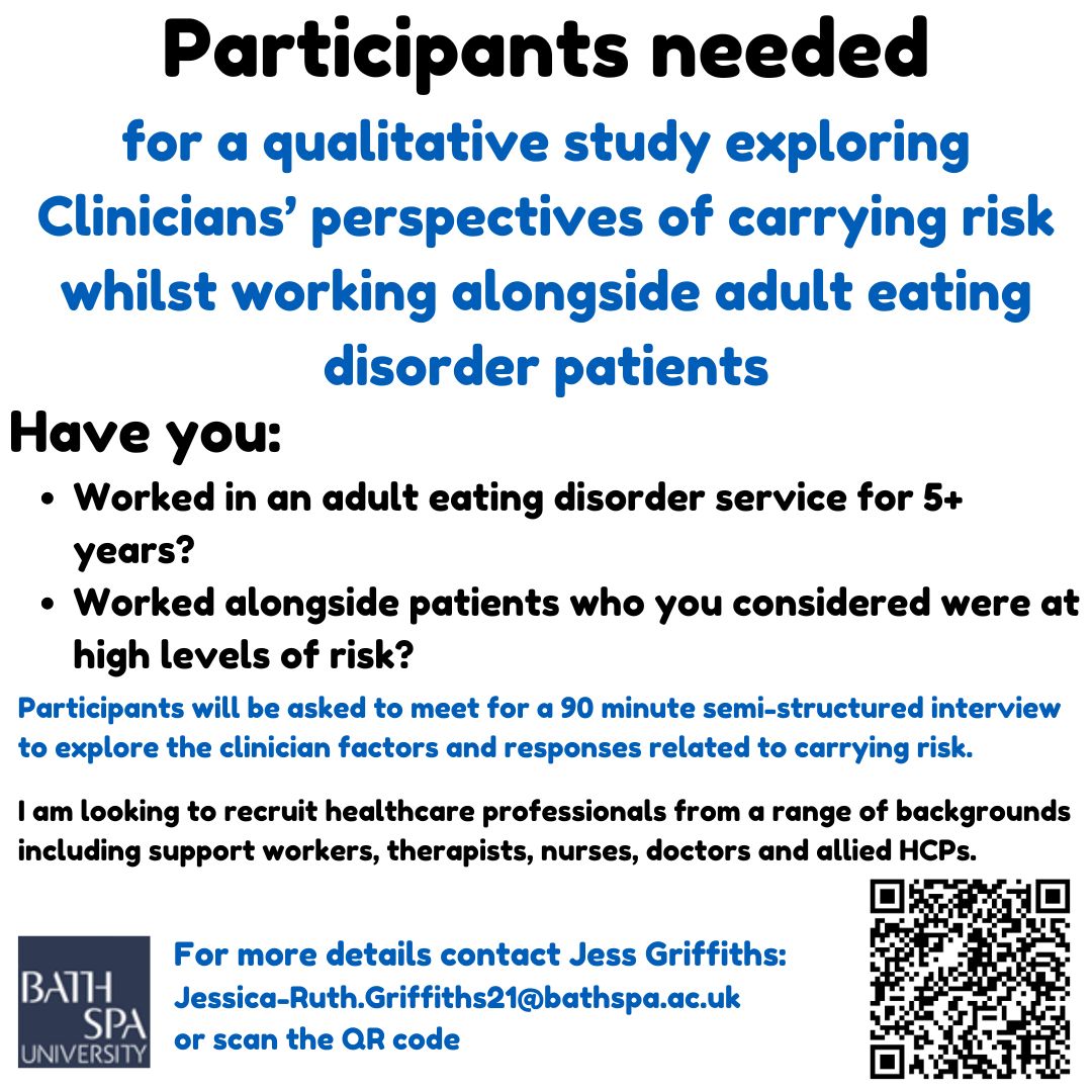 Una Foye (@unafoye) on Twitter photo š£Important New Research Study Recruiting š· If you've worked as a clinician (of ANY background) in the area of adult eating disorder services and want to talk about the important and timely topic of RISK email jessica-ruth.griffiths21@bathspa.ac.uk or
<a href="/jessthegriff/">Jess Griffiths</a> š£Important New Research Study Recruiting š· If you've worked as a clinician (of ANY background) in the area of adult eating disorder services and want to talk about the important and timely topic of RISK email jessica-ruth.griffiths21@bathspa.ac.uk or
<a href="/jessthegriff/">Jess Griffiths</a>