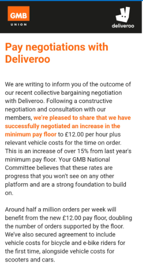 GMB has agreed £12ph pay floor + cost for time on order at Deliveroo. Solid progress & best way forward now is for workers to urgently unionise & organise to further strengthen bargaining power to command even more. Nothing comes on a silver plate. Workers must lever their power.