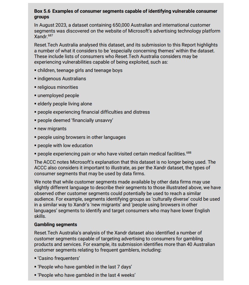 Wolfie Christl (@wolfiechristl) on Twitter photo Excellent 137-p report on consumer data brokerage from the Australian competition and consumer protection regulator <a href="/acccgovau/">ACCC</a>, in part informed by my work with <a href="/ausreset/">Reset.Tech Australia</a> and the Xandr/Microsoft segment file revealed by <a href="/netzpolitik_org/">netzpolitik.org</a>, <a href="/themarkup/">The Markup</a> and me:
accc.gov.au/system/files/D… Excellent 137-p report on consumer data brokerage from the Australian competition and consumer protection regulator <a href="/acccgovau/">ACCC</a>, in part informed by my work with <a href="/ausreset/">Reset.Tech Australia</a> and the Xandr/Microsoft segment file revealed by <a href="/netzpolitik_org/">netzpolitik.org</a>, <a href="/themarkup/">The Markup</a> and me:
accc.gov.au/system/files/D…