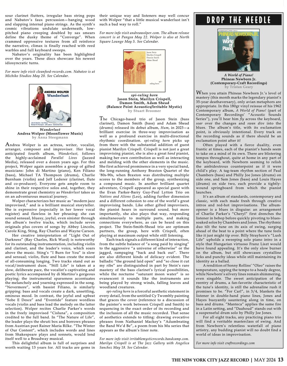 nycjazzrecord's tweet photo. Check out TNYCJR's May issue review (p. 13) of vocalist @AndreaWolper and see/hear Wolper tonight at Pangea for her album release concert. #pangeaNYC https://t.co/WklfnYFojz