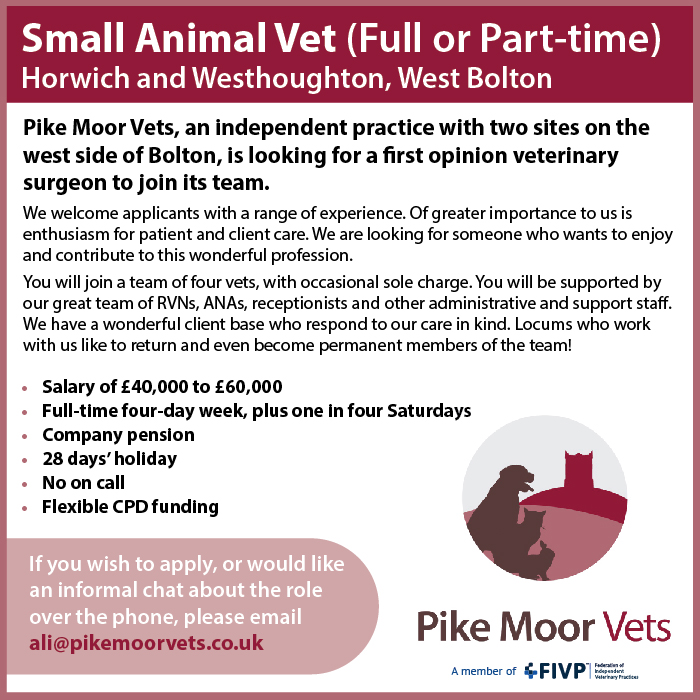 Pike Moor Vets is looking for a first opinion veterinary surgeon to join its team.

They welcome applicants with a range of experience - what's of greater importance is enthusiasm and compassion.

See the job description: vetcommunity.com/vc/job/?id=296…

#vetjobs #veterinarycareers