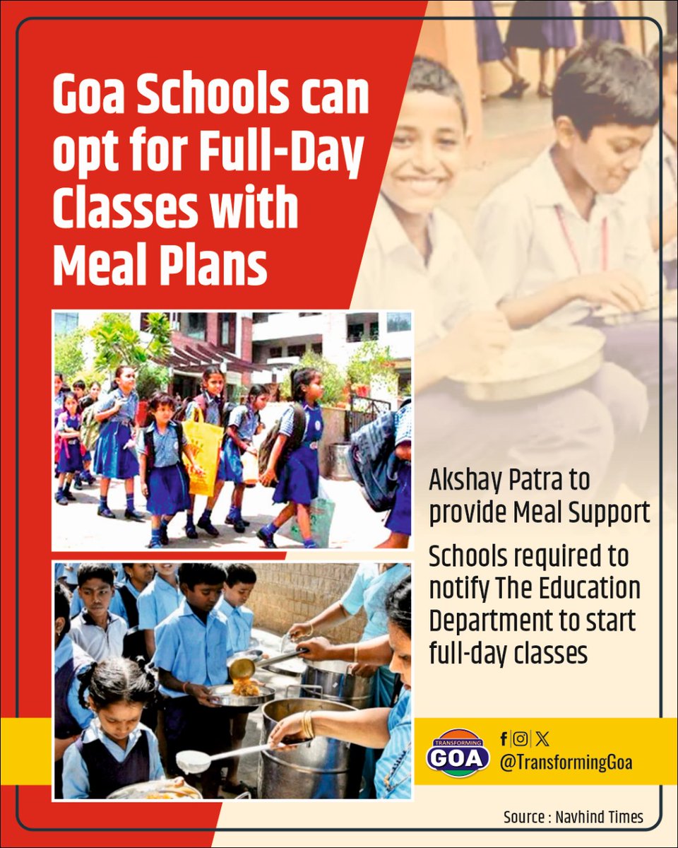 Goa Schools can opt for Full-Day Classes with Meal Plans #goa #GoaGovernment #TransformingGoa #facebookpost #bjym #bjymgoa #GoaSchools #FullDayClasses #MealPlans #AkshayPatra #EducationGoa #SchoolMeals #GoaEducationDepartment #StudentWelfare #EducationInitiative #healthymeals