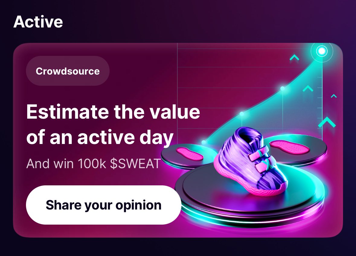 Your chance to win 100k $Sweat by estimating the value of an active day 
#CryptoAdoption @SweatEconomy @oleg_fem 
 @NewsAsset
#SmallCaps #Midcap #NEAR #M2E #Crypto #CryptoGames #lowcapgems