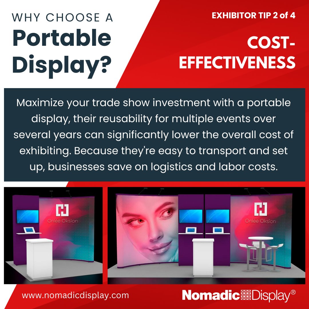 Portable displays are designed to be lightweight, compact, and easily transportable, while still maintaining a professional appearance, ensuring your brand is showcased compellingly. 

#NomadicDisplay #PortableDisplays #ExhibitorTips #TradeShowTips