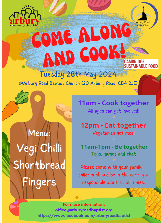 🍲 Holiday Lunch at Arbury Road Baptist Church 🍲

📅 Tuesday, May 28, 2024
🕛 11:00 - 13:00

Join Arbury Road Baptist Church to cook and enjoy a hot meal together, and enjoy time to chat and play