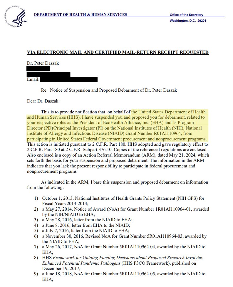 🚨BREAKING🚨 Last night, based partially on evidence uncovered in @COVIDSelect's recent staff report and public hearing, the U.S. Department of Health and Human Services commenced individual debarment proceedings against Dr. Peter Daszak, President of EcoHealth Alliance, Inc.