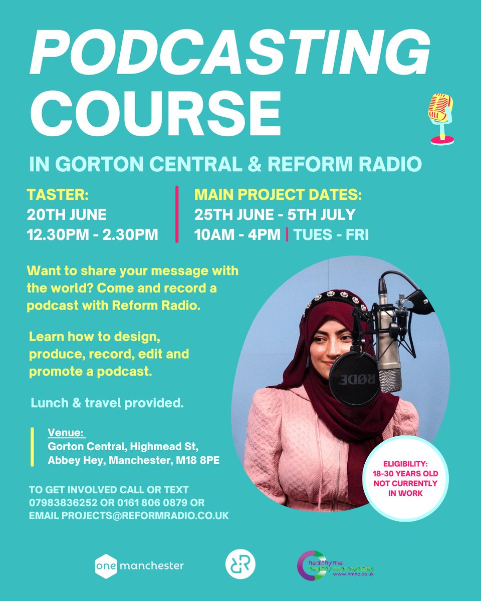Get involved in our new Podcasting Course with @OneMcr & Gorton Central 🌟 Learn the ropes of script-writing & audio production, as well as creating your own podcast for the Reform Radio airwaves 📻 Lunch & travel will be reimbursed - find out more info below 👇