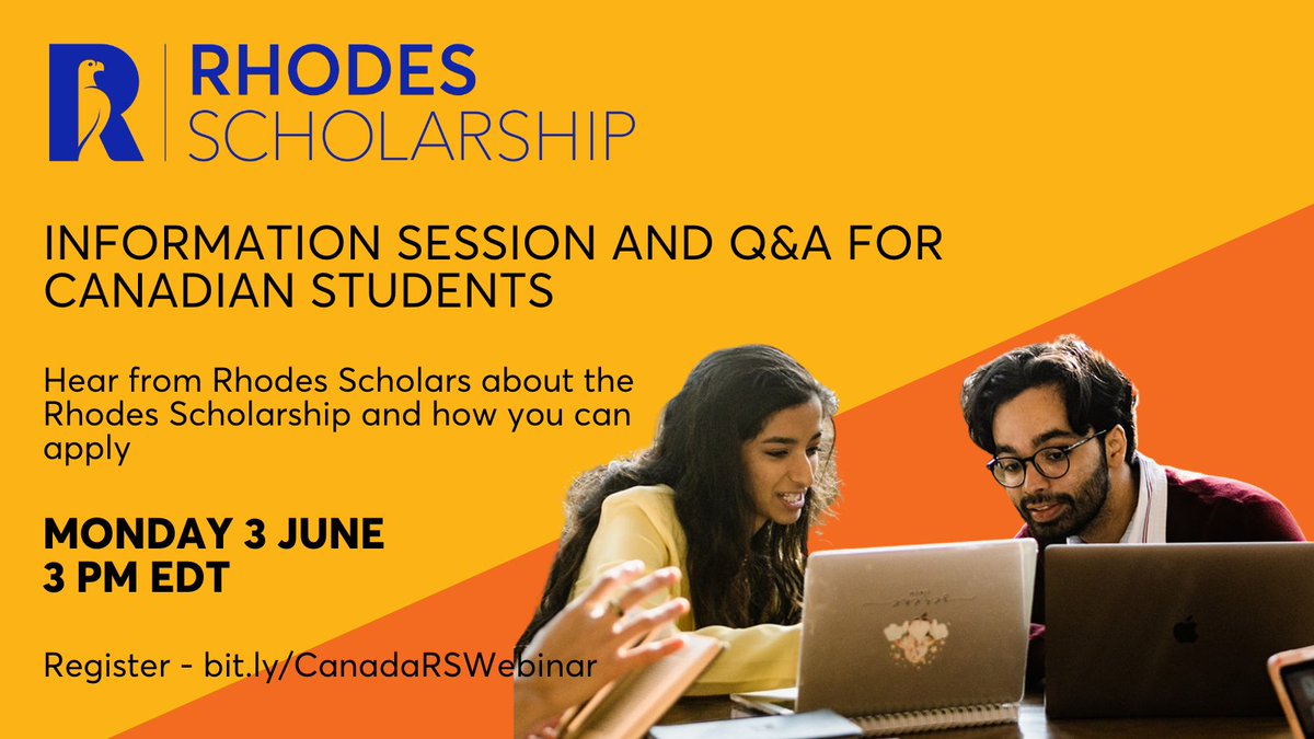 Calling all students from #Canada
Join us on 3 June at 3pm EDT to learn more about the #RhodesScholarship and hear from recent Canadian #RhodesScholars about their application journey and Oxford experience.
bit.ly/CanadaRSWebinar