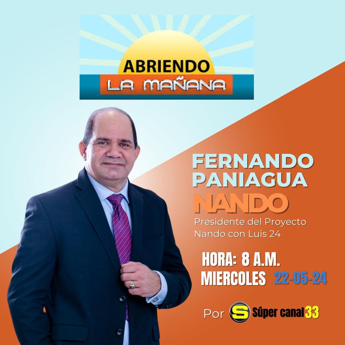 Caminando2832's tweet photo. Buenos días para todos

Hoy, nuestro líder Fernando Paniagua (Nando) estará como invitado en el programa *Abriendo La Mañana* que se transmite por *SuperCanal 33* bajo la conducción de los comunicadores Xiomara González,  Alejandro Dipre y Elio Valdez. 

¡Sintoniza!

@Almsc33 https://t.co/VQspnkrYil