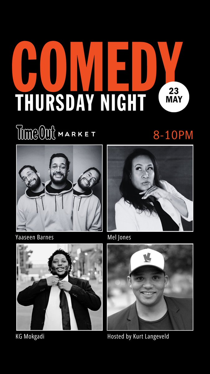 Hey all, join us at Timeout Market this week for a “Night of Headliners” featuring some of South Africa’s top headliners - Mel Jones, @Ya_a_seen_Him , @KGcomic and your host Kurt Langeveld! Click on link for tickets timeoutmarket.howler.co.za/events/comedy-…