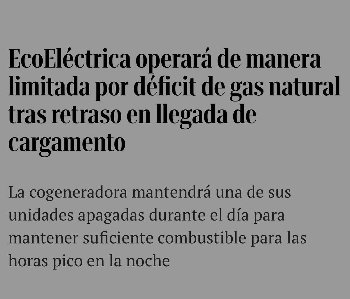 Buenos días! Es en serio que por una alegado “atraso” en un barco ayer y en los próximos días esté limitada la generación por falta de Gas Natural. Bueno… a pesar de los relacionistas públicos de GeneraPR-NF que no cuestionaron las causas del alegado “atraso” y Ecoelectrica se