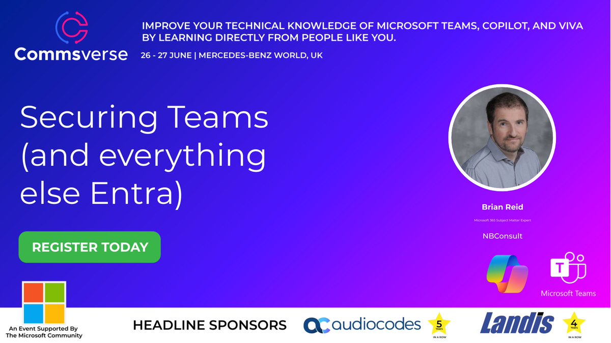 Securing Teams (and everything else Entra) by Brian Reid at Commsverse 2024 📢 events.justattend.com/events/confere… #commsverse #microsoftteams #techcommunity