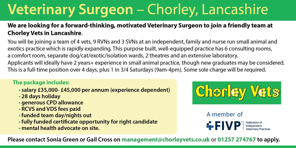 Chorley Vets, an independent small animal and exotics practice in Lancashire, is looking for a forward-thinking veterinary surgeon to join its friendly team.

See the job description: vetcommunity.com/vc/job/?id=252… 

#veterinaryjobs #veterinarycareers