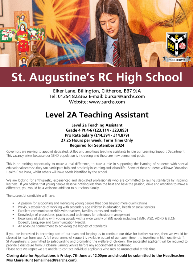 Vacancy Governors are seeking to appoint an enthusiastic, highly motivated TA2 to join our thriving Catholic school community. More details: sarchs.com/page/?title=Va… Closing date - Midday, 7th June