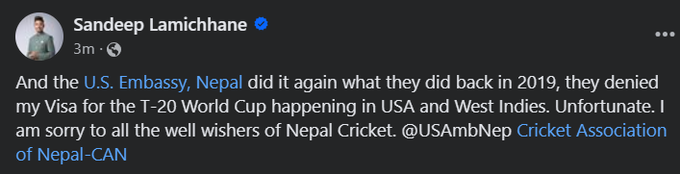 🚨 Big Breaking: ~ Nepal star cricketer Sandeep Lamichhane's USA visa rejected by US Embassy in Nepal for T20 World Cup in USA and West Indies. This is a major setback for Nepal Cricket. 🇳🇵 #NepalCricket #T20WorldCup @USEmbassyNepal