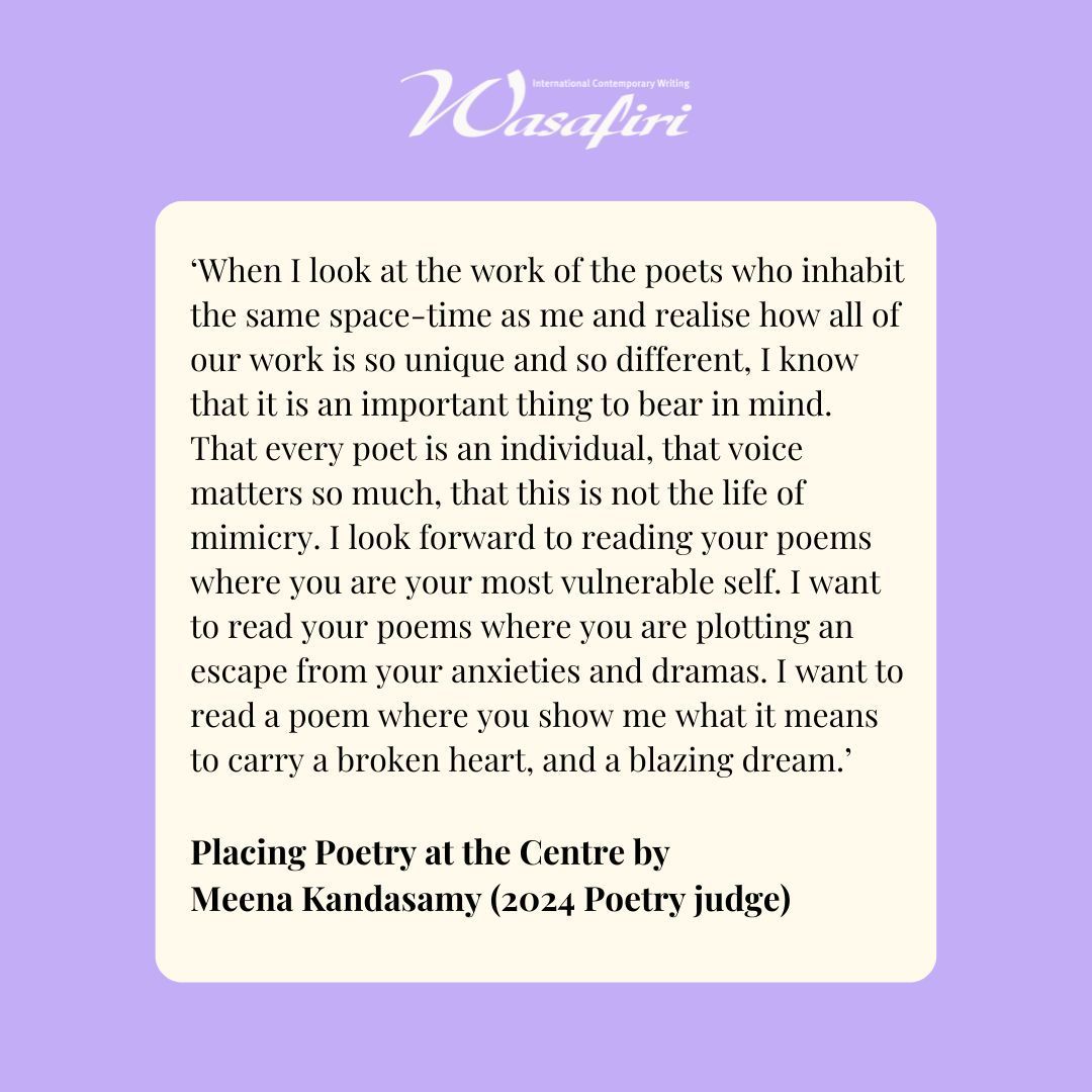 Here's what our 2024 Queen Mary Wasafiri New Writing Prize Poetry judge @meenakandasamy is looking for in submissions. Submit your best work before 1 July, 2024 on our website: buff.ly/2md6Cwq