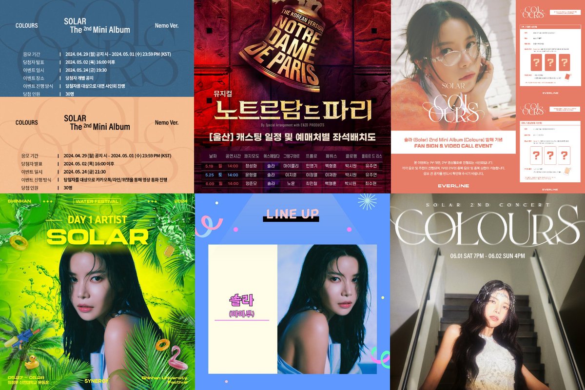DragonKazoo77's tweet photo. #Solar - Upcoming offline schedule

5/24 (Fri) Nemoz fansign
5/25 (Sat) Notre Dame de Paris at Ulsan
5/26 (Sun) Everline fansign
5/27 (Mon) Shinhan University Water Festival
5/30 (Thu) Baekseok Culture University Truth Festival
6/1 (Sat), 6/2 (Sun) COLOURS Concert at Seoul

#솔라 https://t.co/RRzQvwOHDo