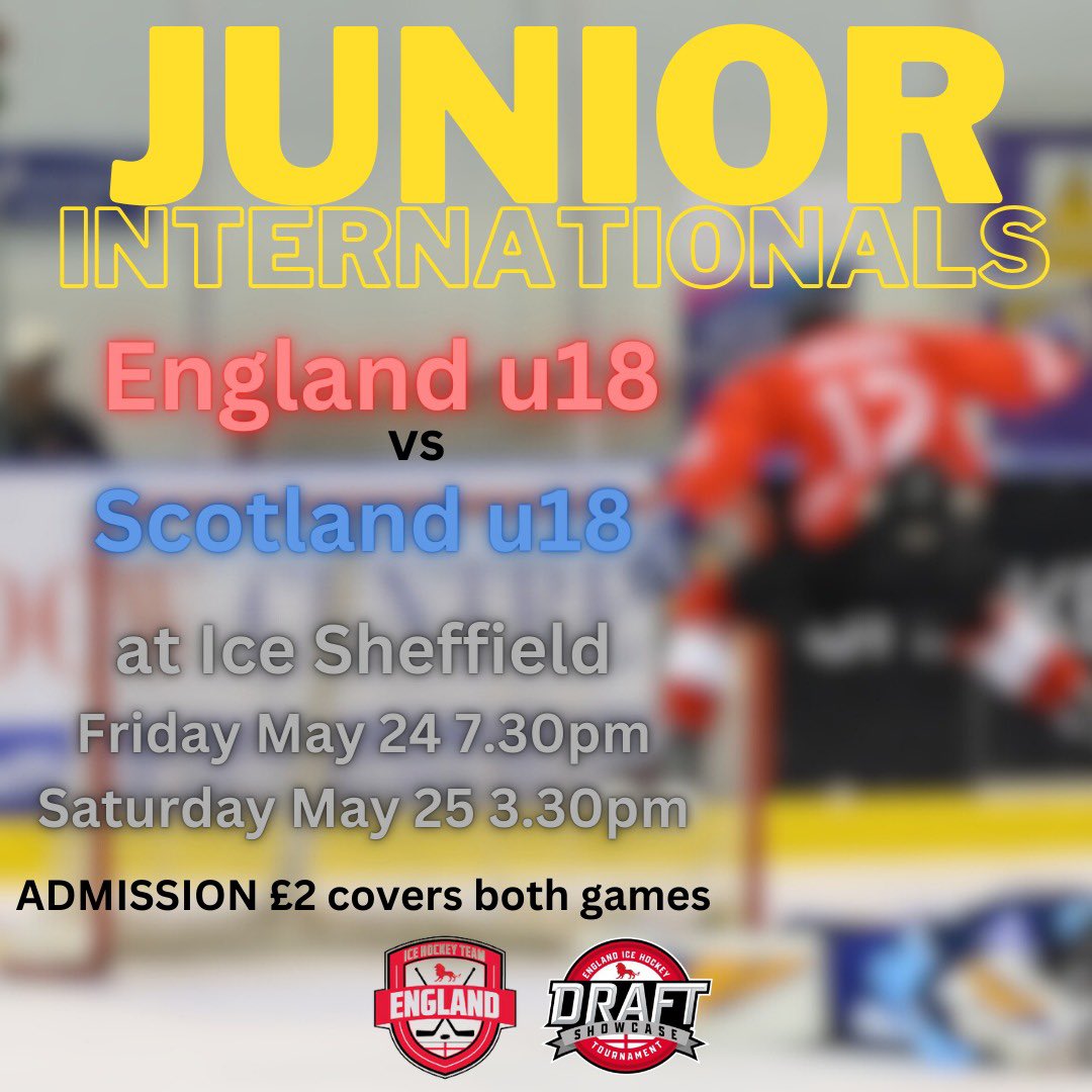 EngIceHockey's tweet photo. 🏴󠁧󠁢󠁥󠁮󠁧󠁿🏴󠁧󠁢󠁳󠁣󠁴󠁿 the Junior Internationals are back!

England will face Scotland at U18 level this weekend as part of Draft Showcase - facing off on Friday evening and Saturday afternoon. 

England have named a 27-strong squad to cover both games. 

See you at Bauer Arena this weekend! https://t.co/hNyabDsR5L