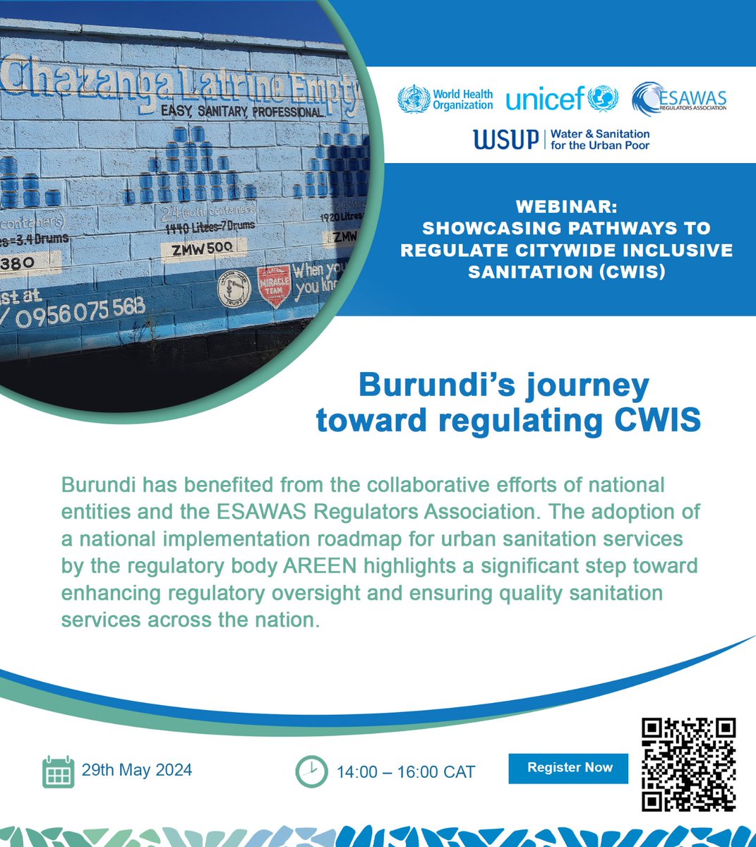 Counting down to the #webinar Showcasing Pathways to #Regulate #CWIS. Today we highlight Burundi's engagement that focused on strategic and evolving approaches to urban sanitation to enhance regulatory oversight and improve service delivery