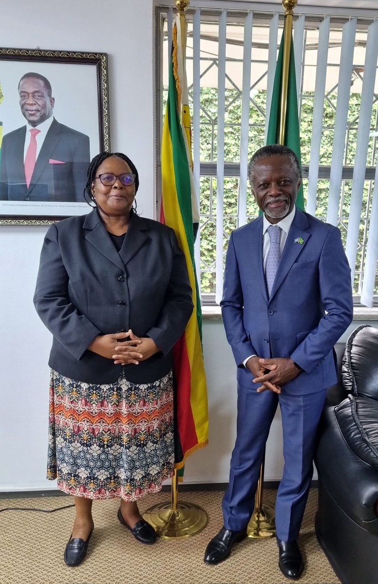 ZimAddisAbaba's tweet image. 20 May 2024. Amb. Nyamudeza met with H.E @parfait_onanga to discuss regional &amp;amp; continental matters, including Zimbabwe's tenure on the AU Peace &amp;amp; Security Council. We look forward to continued collaboration between @UNOAU_ &amp;amp; @_AfricanUnion