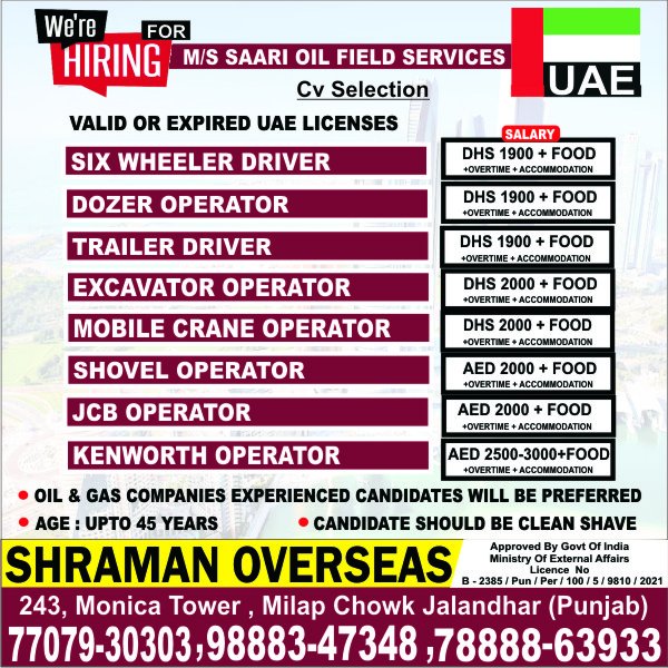 Hiring for UAE for the mentioned jobs ☝🏻 [VacancyinUAE,UAEwork, job vacancy]  Call/Apply now & Follow for more
@shramanoverseas
#UAEwork #jobinUAE #UAEjobshiring #jobopening #jobsearch #UAEwork #hiring #recruiting #career #employment #jobseekers #careers #UAEvacancyupdates