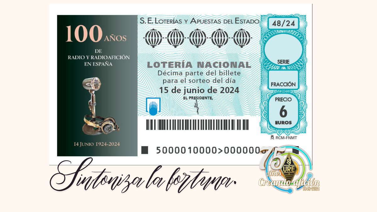 Décimo de Lotería Nacional: 100 años de Radio y Radioafición en España” 🍀 . Este décimo conmemora el centenario de la autorización de la #radio en #España, tanto para emisoras comerciales como para #radioaficionados. ¡Buena suerte a todos! .