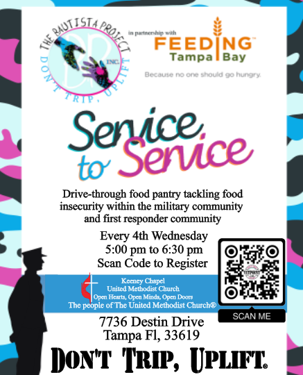 *Open to ALL Active Military, Vets, Military Retirees, and First Responders*⁠
⁠
The Bautista Project Inc.'s Service to Service food pantry is held monthly at Keeney Chapel in Tampa.
⁠
Volunteer sign-up: signupgenius.com/go/10C0C49A9A7…⁠
⁠
#Military #MilitaryFoodInsecurity #Tampa
