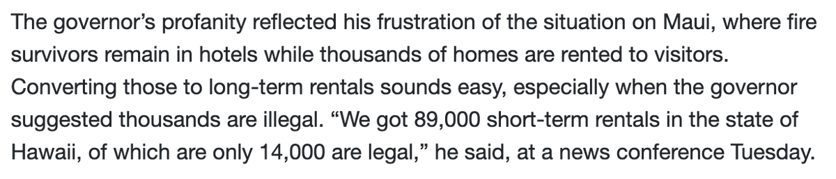 Jamie_Lane's tweet photo. The amount of misinformation being shared in Hawaii is astonishing.   The governor keeps quoting a count of 89k short-term rentals in the state.
https://t.co/NijRjVwHEk
While he hasn't shared the source of his data, it aligns with figures calculated by the local hotel lobbyist group.

What does the data actually show? There are just 40,000 active short-term rentals in the entire state, less than half of the amount quoted by the governor.
We estimate that those 40k listings generated nearly $3 billion in revenue for hosts and significantly more in economic activity in the state.
As communities in Hawaii now look to pass their own legislation, its imperative that the are looking at real data and not just what it fed to them by the hotel lobby looking to protect their own interests.