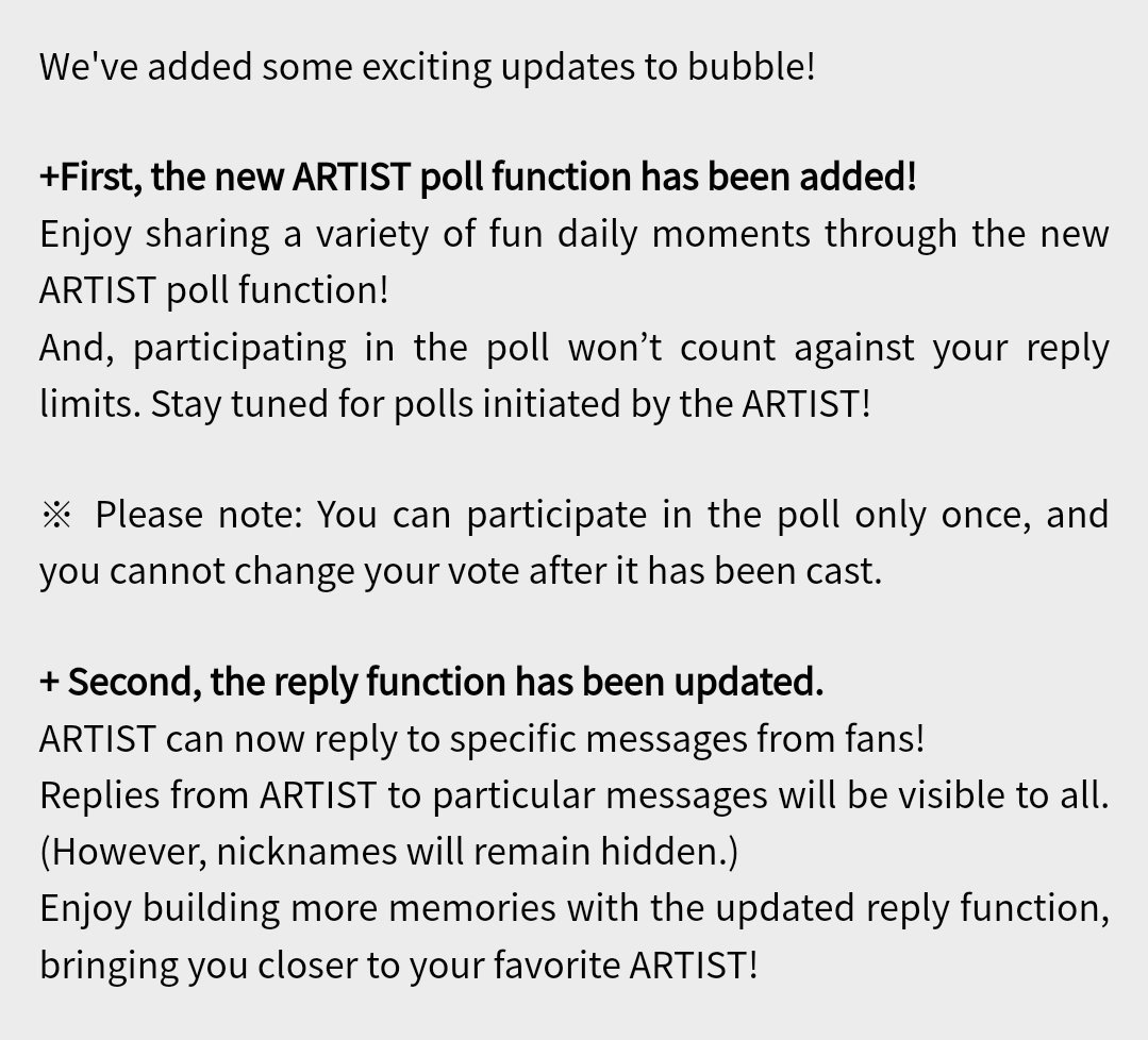 Jypbubble now has new features 

1. Artist's can make polls 
2. Artist's can now reply to messages from fans. But whoever they replies their name will not show, just their message. 

#StrayKids #스트레이키즈 #방찬 #BangChan #리노 #LeeKnow 
#창빈 #Changbin #현진 #Hyunjin  
#한