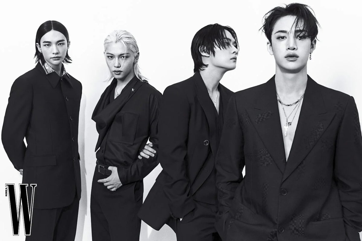 hyunehans's tweet photo. bang chan in fendi, leeknow in gucci, changbin in dolce&amp;gabbana, hyunjin in versace, han in balmain, felix in louis vuitton, seungmin in loewe and i.n in alexander mcqueen

this shoot was an absolute power move https://t.co/4nleb4yHaI