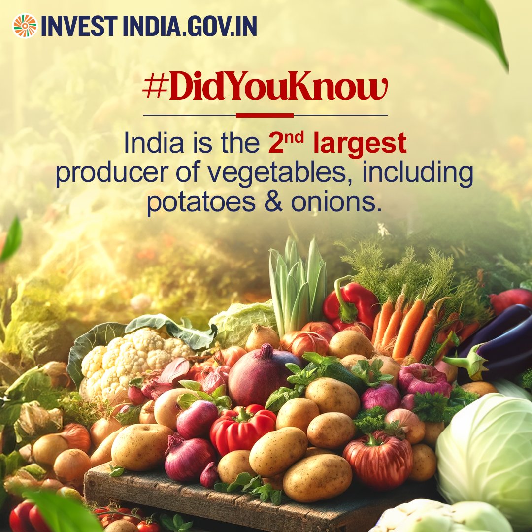 #NewIndia exported #vegetables worth USD 846 Million during FY 2023-24 to countries, including #Bangladesh, the #UK, #Nepal, the #UAE, and #SriLanka, spreading farm-fresh goodness across the globe. Know more: bit.ly/II-FruitsAndVeg #InvestInIndia #Agriculture #DidYouKnow