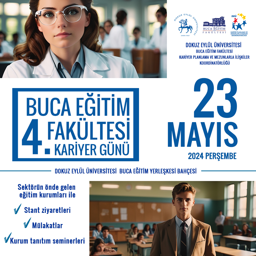 deu_kariyer's tweet photo. 📢👩‍🏫👨‍🏫Eğitim alanında istihdam arayışında olan sektörlerinin önde gelen okulları ve farklı eğitim kurumlarının stantları, iş/staj mülakatları ve seminerlerle katılacağı @DEU_EgitimF 4. Kariyer Günü Başlıyor. 🔎🔗 https://t.co/EXPLJ0W3yJ https://t.co/ZOhArpgmxi