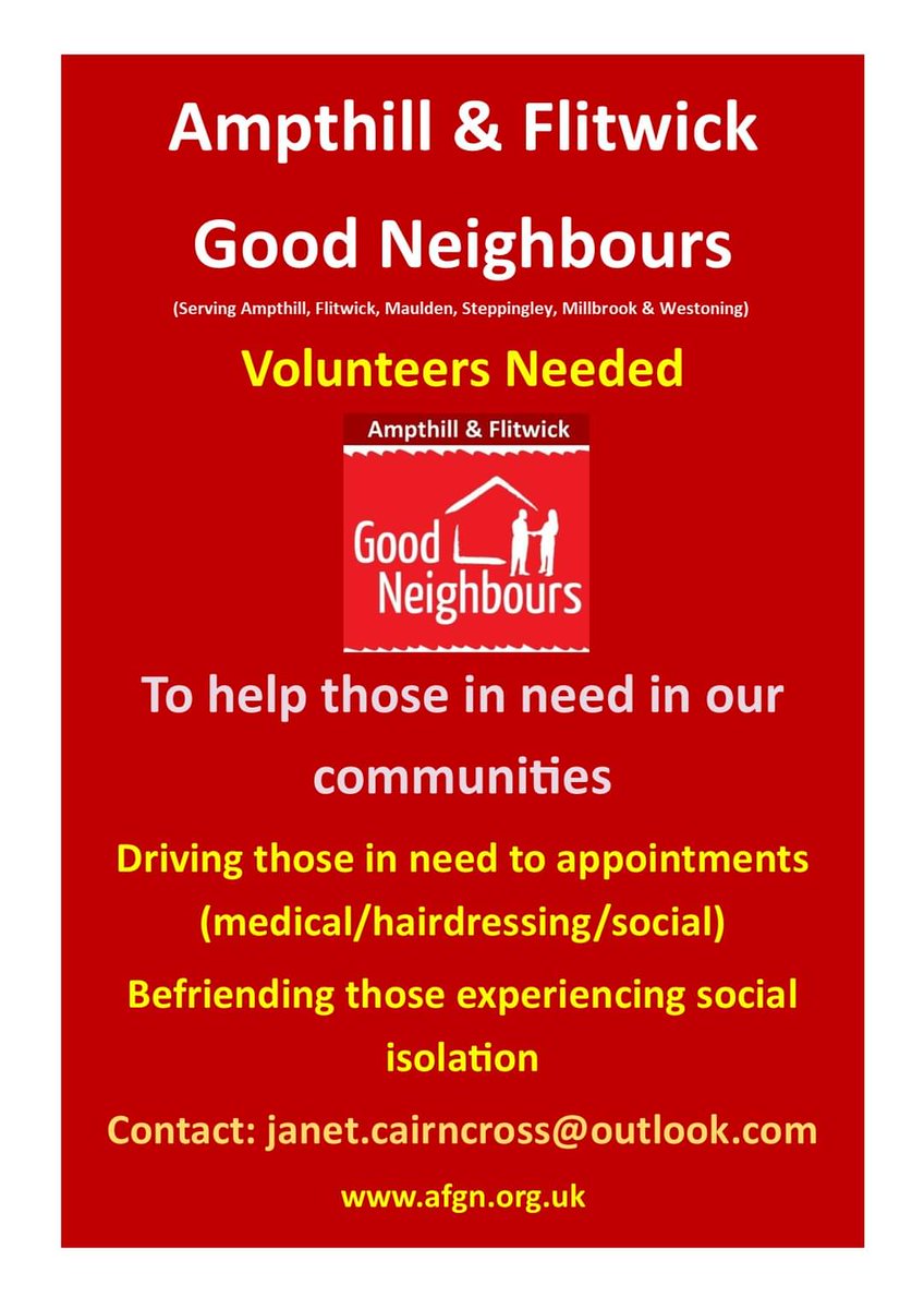 Ampthill & Flitwick Good Neighbours

Volunteers Needed

To help those in need in our communities: 

- Driving those in need to appointments (medical/hairdressing/social)
- Befriending those experiencing social isolation

Contact: janet.cairncross@outlook.com