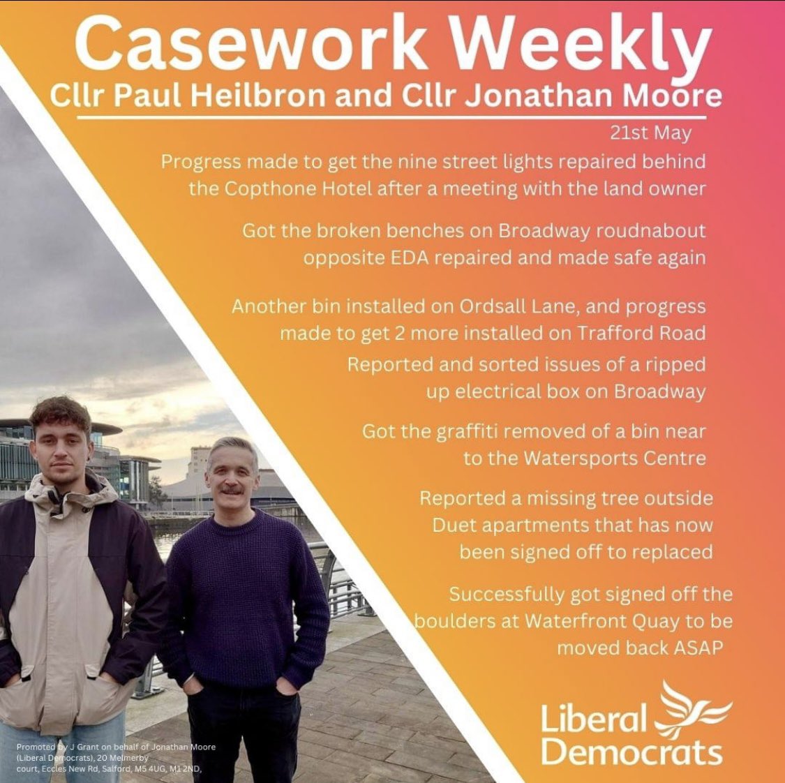 Another busy week for the team getting casework reported and sorted all over the Quays ward.

If you have any issues please don't hesitate to get in touch with the team at;

paulheilbronld@gmail.com
jonathanmooreld@gmail.com 

You can also give us a like & follow on X/Facebook!