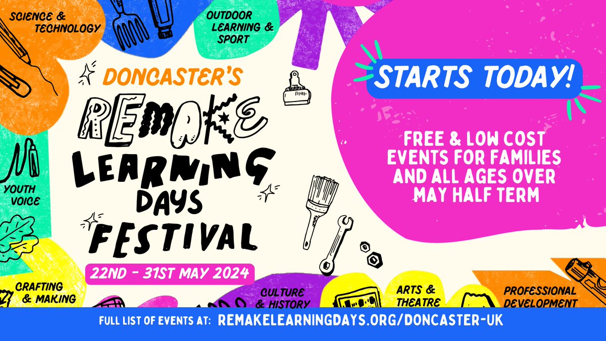 IT'S HERE! 10 days of 300+ FREE activities for all ages happening across the whole of Doncaster! Kicking off today with family STEM events in Bawtry, Yoga in Thorne and so much more! Discover something new this half-term: remakelearningdays.org/find-events/?f… #RemakeDaysDoncaster