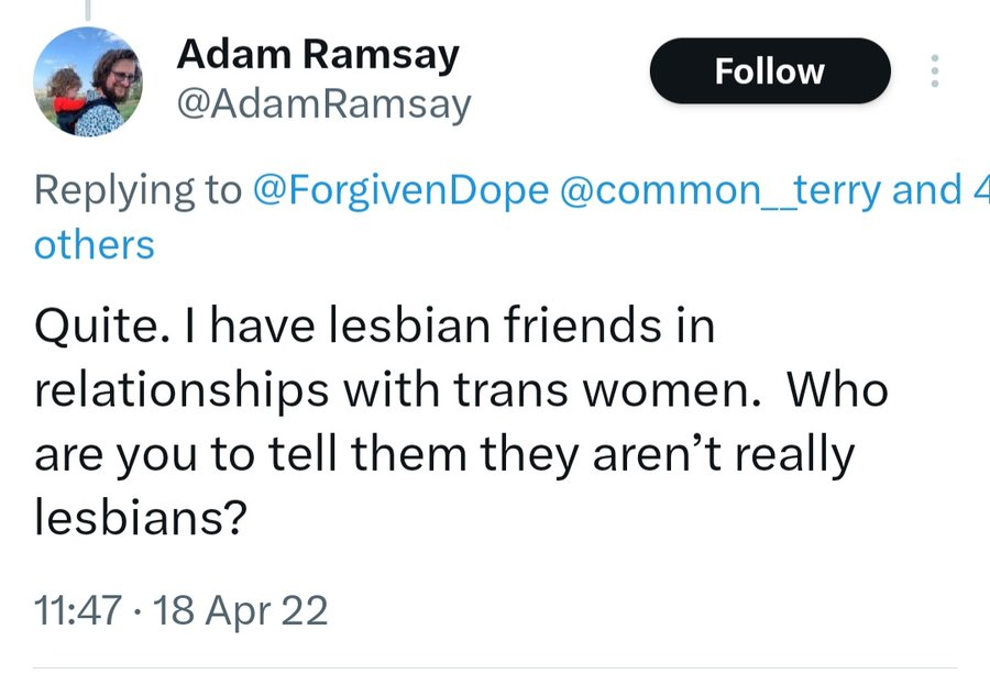 The heterosexual man who has been entirely misrepresenting the truth around the Edinburgh Rape Crisis Centre tribunal and Mridul Wadhwa, is (to absolutely no one's surprise) declaring that lesbians have relationships with biological men. Further up in this thread, another
