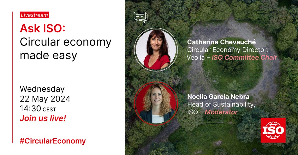 Have you shared your question yet? In just one hour, we'll be live in our 'Ask ISO: Circular Economy Made Easy' livestream from Geneva. Feel free to post your questions here or join us live to ask them directly! linkedin.com/events/askiso-…