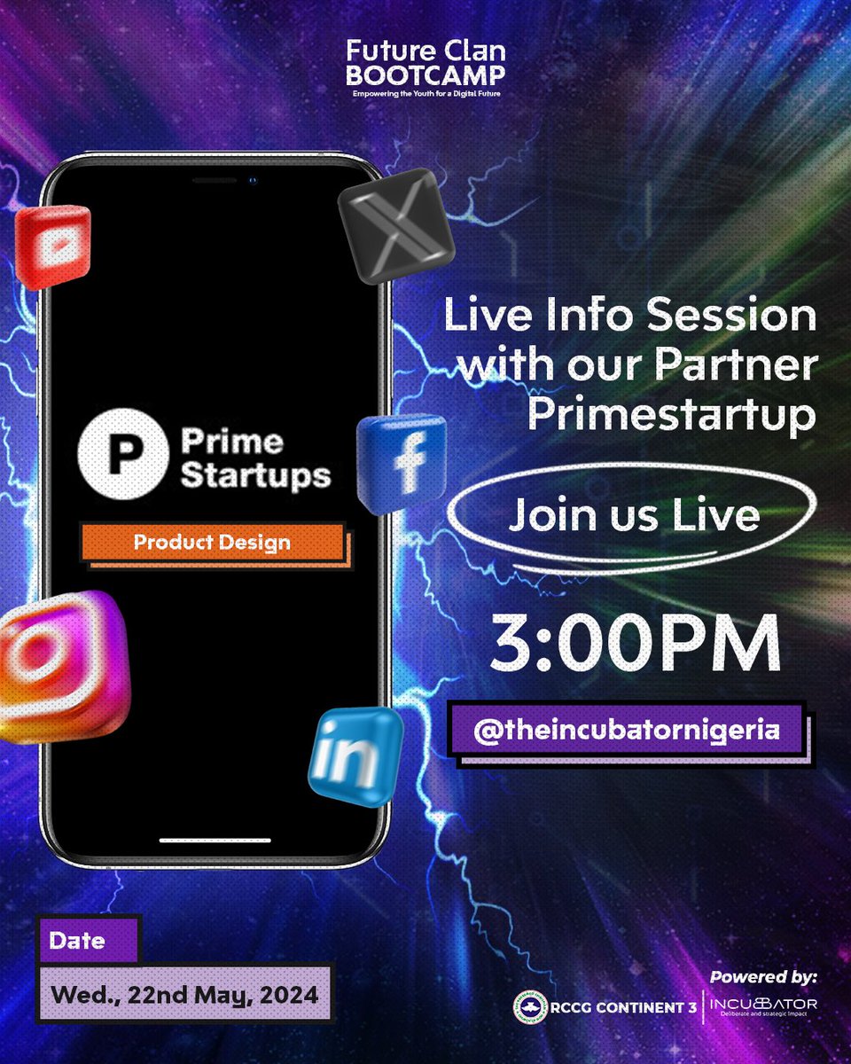 theincubator_ng's tweet photo. Join us live at 3:00PM for an exclusive info session with our partner Primestartup @PrimeStartupshq towards the Future Clan Bootcamp!
Don’t miss out on this opportunity to learn more about exciting opportunity. See you there!
#TheIncubatorNigeria #TheIncubatorNG #FutureClan https://t.co/tD91H5pS0r