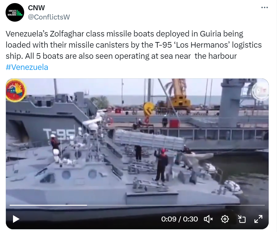 #Venezuela: To follow up this satellite imagery, some action shots of #Iran's Zolfaghar boats being loaded with their missile canisters and in action while on patrol around Guiria. @ConflictsW👇 x.com/ConflictsW/sta…