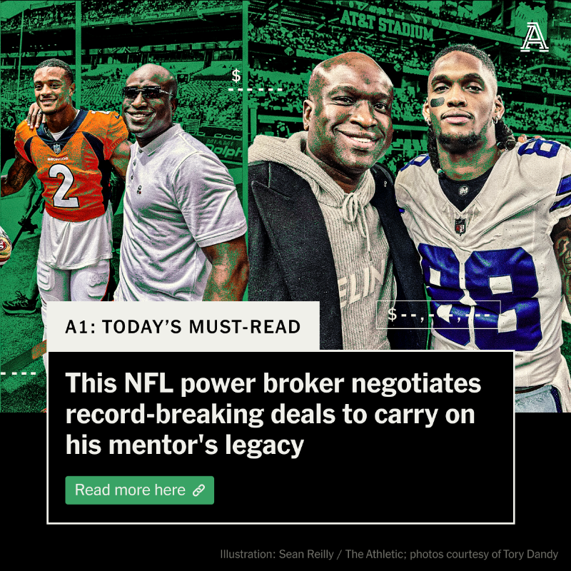 TheAthletic's tweet photo. Tory Dandy is a certified NFL power broker.

He's negotiated more than $1 billion in active contracts with a client list that features CeeDee Lamb and A.J. Brown.

And it might never have happened had he not been a persistent young man nearly 20 years ago.

@alec_lewis explains.