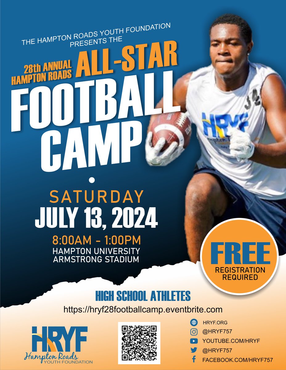 HRYF757's tweet photo. You asked, we answered! Registration is open EARLY for the 28th Annual Hampton Roads Youth Foundation All-Star Football Camp 🏈 Click the link to register today! 🎉 https://t.co/2gSmDlGHlR https://t.co/WdLjlqrzYF