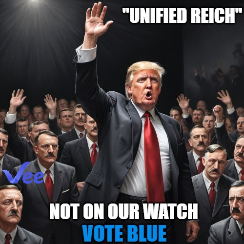 Donald Trump says, “In my second Term, I will create a “Unified Reich”! Echoing Nazi Germany! Trump is a liar a coward and a Fascist! We must stand up and fight for our rights by Voting Blue! #TogetherWeCanWin If you agree Drop A 💙 RP! #UnifiedReich #Liar #VeesFriends