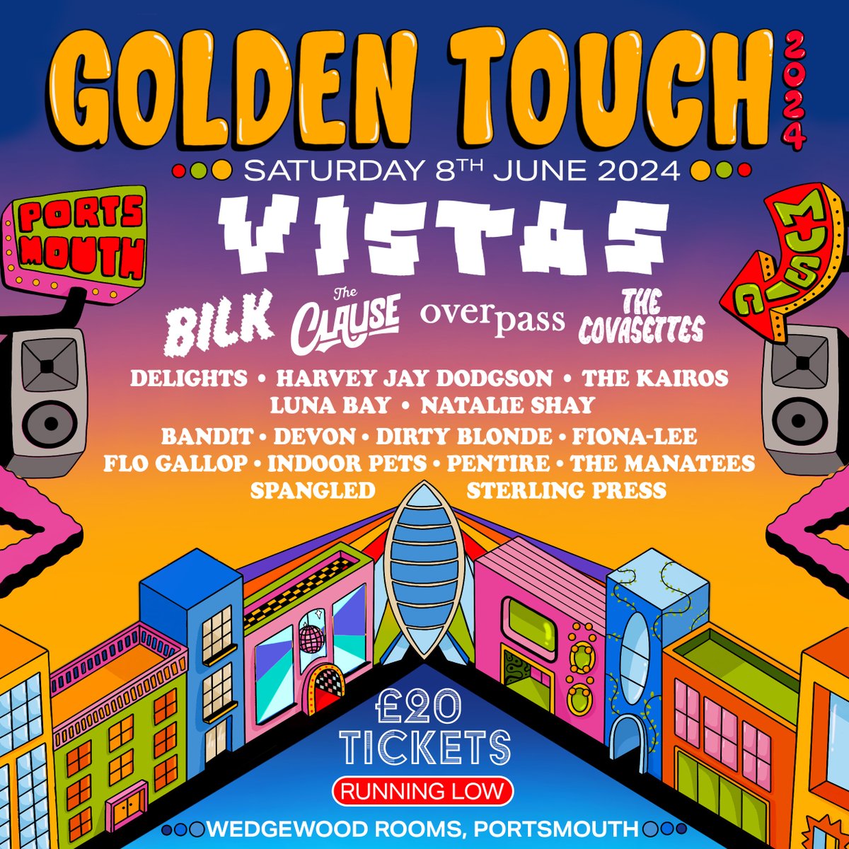 .@goldentouchfest is just round the corner and tickets are flying out! Join @vistasmusic, @theclauseuk, @TheKairos1, @NatalieShay_, @IndoorPets plus loads more on 8th June😎 20 bands, 2 stages, 0 clashes 👉 wedgewood-rooms.co.uk 👈